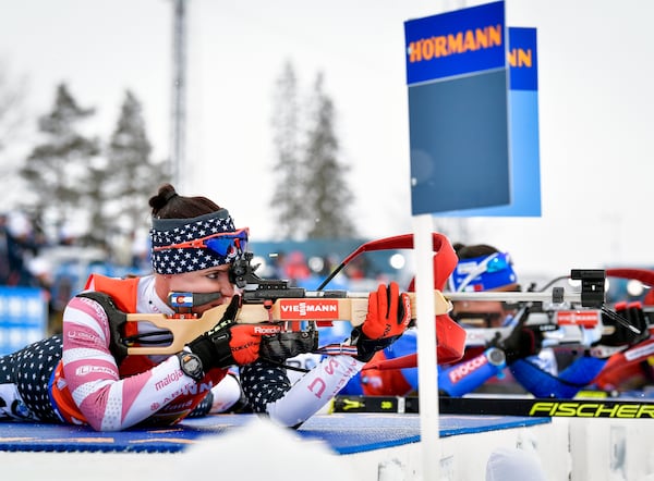 FILE - Joanne Reid, left, of the United States, shoots during the women's 4x6 km relay competition at the IBU World Biathlon Championships, in Ostersund, Sweden, March 16, 2019. (Jessica Gow/TT via AP, File)