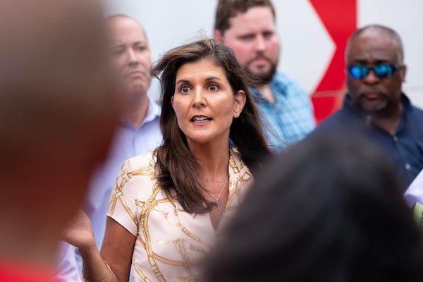 220909—Norcross-Nikki Haley speaks to journalists during campaign stop for Republican Senate candidate Herschel Walker in Norcross on Friday, Sept. 9, 2022. Ben Gray for the Atlanta Journal-Constitution