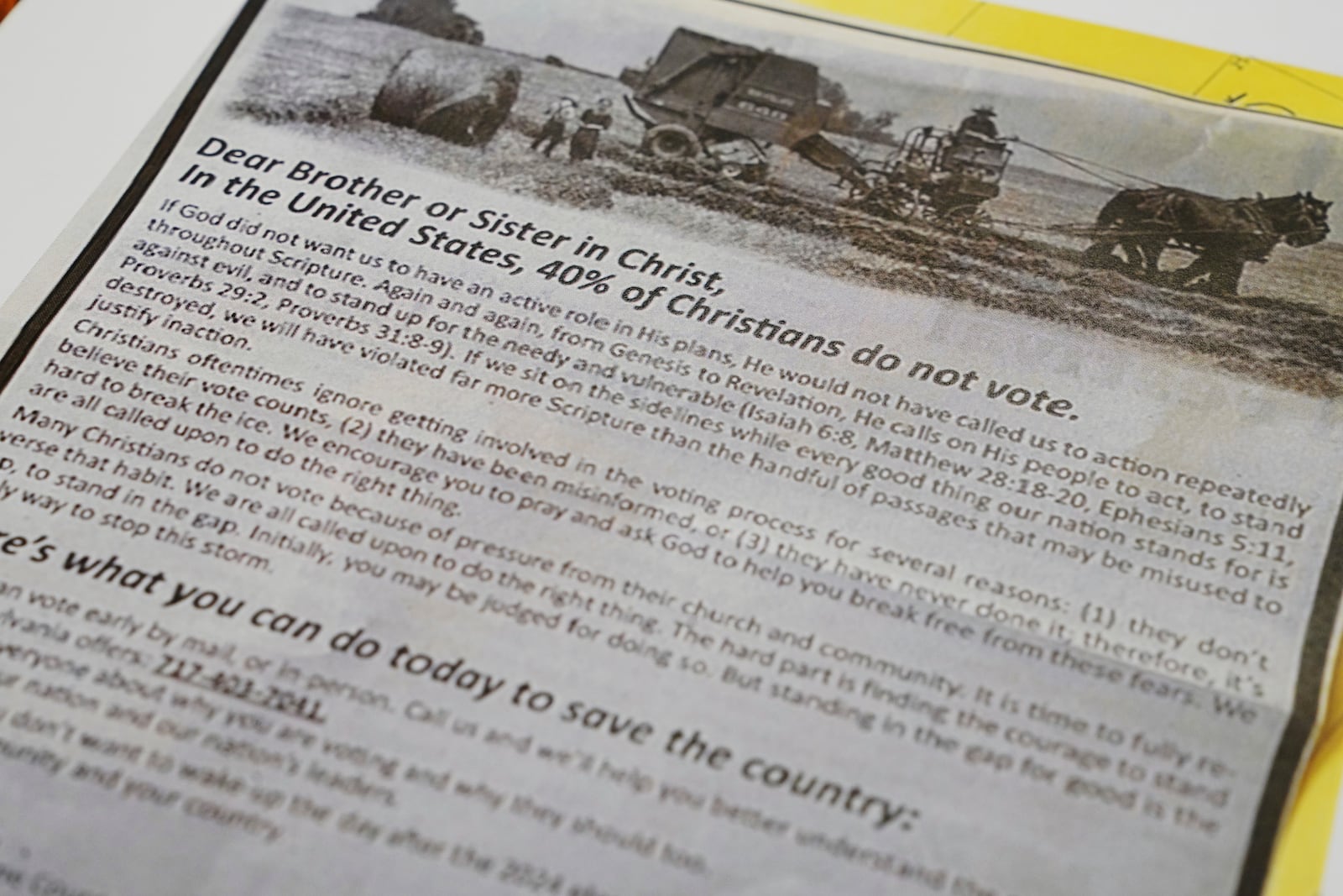 A voting advertisement sent to members of the Amish Community in Lancaster County is shown, Tuesday, Oct. 15, 2024, in Elizabethtown, Pa. (AP Photo/Jessie Wardarski)