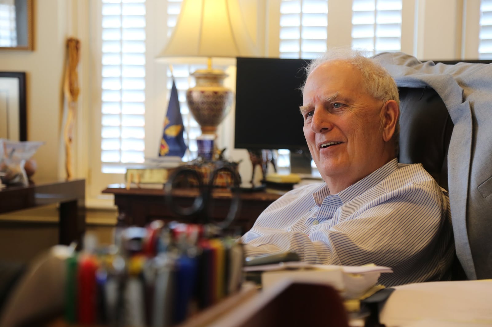 Former Gov. Roy Barnes as he discusses the Leo Frank case. (TYSON HORNE /TYSON.HORNE@AJC.COM)