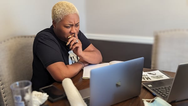 Playwright Nikki Toombs at work on "Let Us March On."