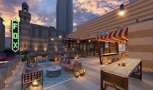 The Fox Theatre’s new rooftop, part of its Marquee Club expansion set to open in Fall 2017, will feature covered, partially covered and fully uncovered areas with bars in each. This is an artist’s rendering.