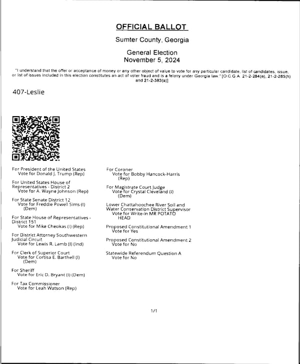 A Sumter County voter wrote in "Mr. Potato Head" for soil and water district supervisor. The secretary of state's office is investigating why votes for fictional characters were awarded to another candidate. Source: Georgia ballot image library