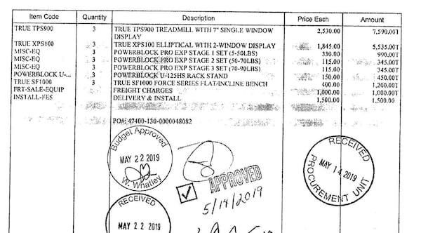 A 2019 invoice shows the purchase of gym equipment by the Georgia Department of Revenue using seized funds from investigations.