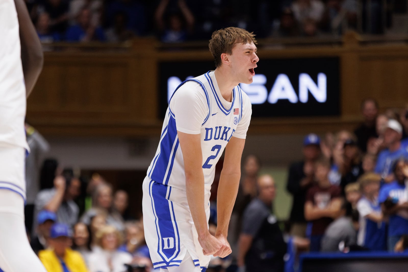 Duke's Cooper Flagg (2) reacts to a play during the first half of an exhibition NCAA college basketball game against Lincoln in Durham, N.C., Saturday, Oct. 19, 2024. (AP Photo/Ben McKeown)