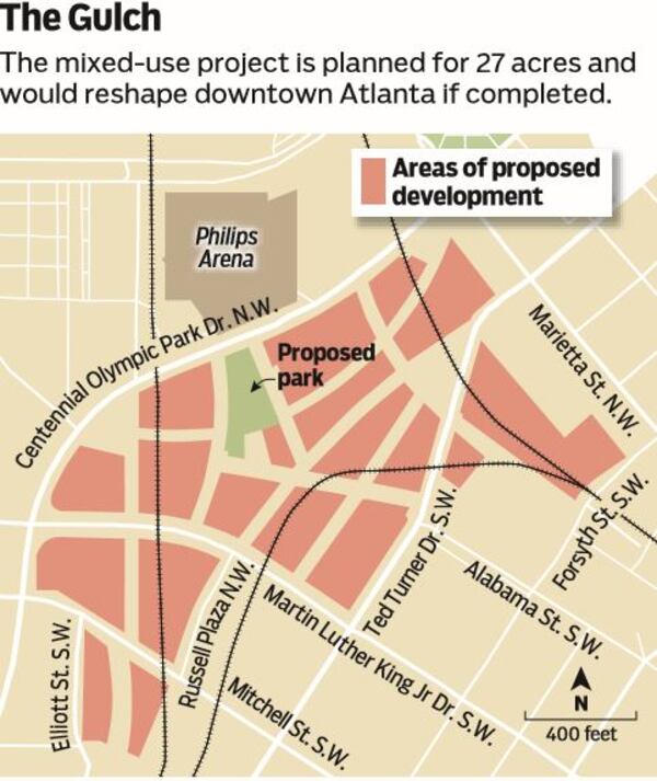 This map shows the planned development area by CIM Group in downtown Atlanta’s Gulch.