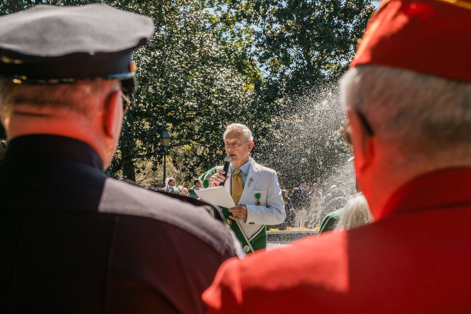 Adjunct Fred H. Elmgreen Jr. at the opening address of the 2025 St. Patrick’s Day Parade dying of the fountain on March 7, 2025 in Savannah, GA. The dying of the fountain marks the beginning of the city’s St. Patrick’s Day festivities. (Justin Taylor/The Atlanta Journal Constitution)