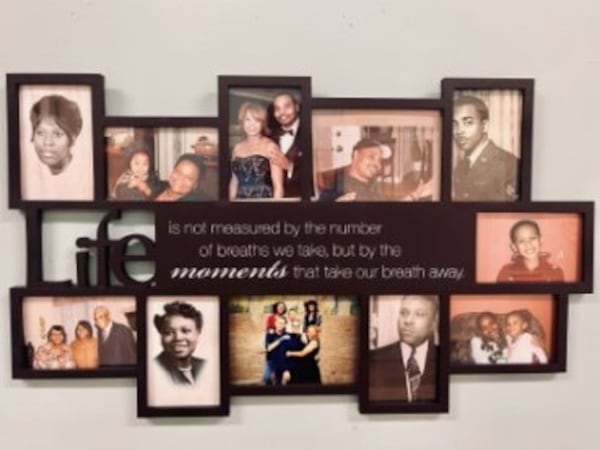 A photographic display outside a resident’s room at Pebble Brook at Park Springs, an Isakson Living community in Stone Mountain. Staff members use these displays to connect with residents and get to know their stories on a deeper level.