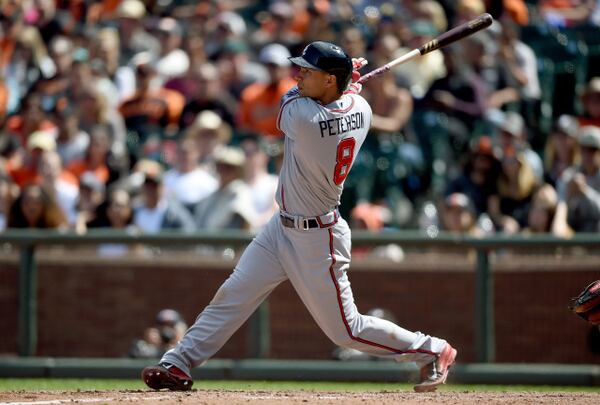 Jace Peterson has six hits, two homers and six RBIs in the Braves' past two games. (Getty Images) SAN FRANCISCO, CA - MAY 31: Jace Peterson #8 of the Atlanta Braves hits a bases loaded three-run triple against the San Francisco Giants in the top of the ninth inning at AT&amp;T Park on May 31, 2015 in San Francisco, California. The three rbi's put the Braves ahead in the game 7-5. (Photo by Thearon W. Henderson/Getty Images)