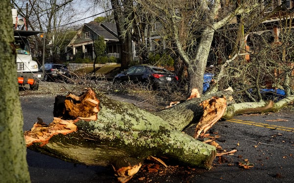 A large tree lays broken across Ormewood Avenue in Atlanta after an early morning storm on Wednesday, March 5, 2025 (Ben Hendren for the Atlanta Journal-Constitution)