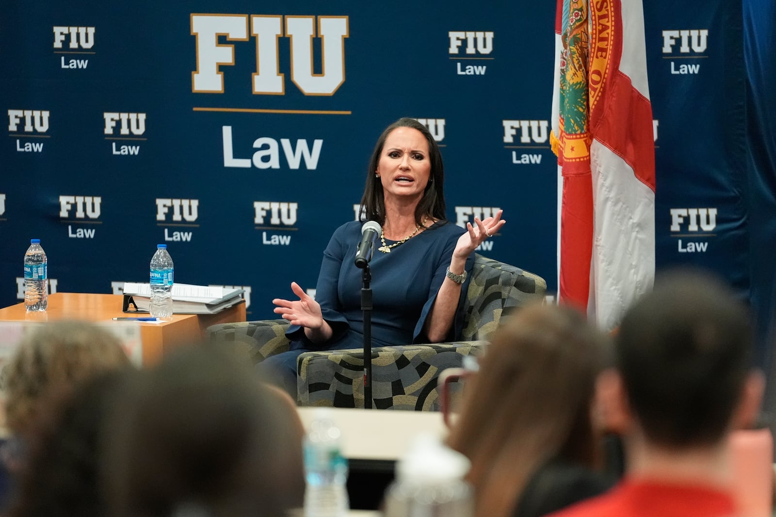 Former circuit judge Elizabeth Scherer speaks, Thursday, Oct. 17, 2024, in Miami, to Florida International University law students about overseeing the trial of the shooter who murdered 17 at Parkland, Fla.'s, Marjory Stoneman Douglas High School in 2018. (AP Photo/Rebecca Blackwell)