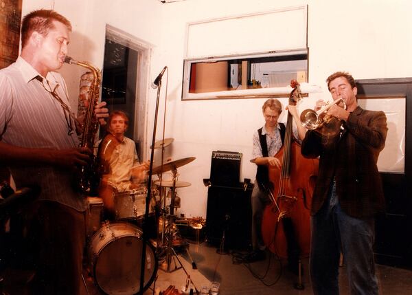 Gold Sparkle Band performs in 1998 at Silver Ceiling, the prescursor to Eyedrum, with Charles Waters on sax, Roger Ruzow on trumpet, Chris Riggenbach on bass and Andrew Barker on drums.
Photo: Courtesy of Steve Pomberg