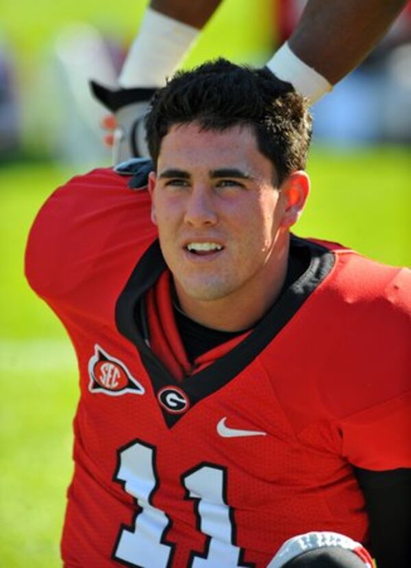 101106 Athens, GA: Georgia quarterback Aaron Murray warms-up prior to taking on Idaho State at Sanford Stadium in Athens Saturday November 6, 2010. Brant Sanderlin bsanderlin@ajc.com Josh's brother Aaron Murray has been drafted into the NBA after a successful stint as QB of the UGA Dawgs. CREDIT: AJC