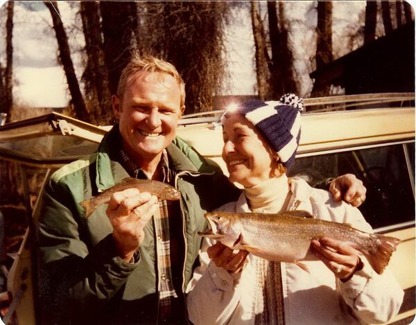 Hal and Julie Moore fishing in Colorado. After Hal left the military, the family moved to Colorado but would frequently travel back to Auburn, Alabama during the winter.