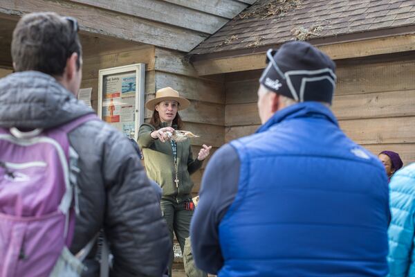 CUMBERLAND ISLAND, GA - DECEMBER, 26, 2022: A park ranger runs an educational program for visitors at the ranger station near the Sea Camp dock before they board the ferry back to the mainland, Monday, Dec. 26, 2022, in Cumberland Island, Georgia. (AJC Photo/Stephen B. Morton)