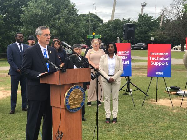 Secretary of State Brad Raffensperger introduces a plan to avoid long lines on Election Day on Wednesday, June 17, 2020. He spoke outside Park Tavern in Piedmont Park, where voters waited for hours before being able to cast their ballots in the June 9 primary. MARK NIESSE / MARK.NIESSE@AJC.COM