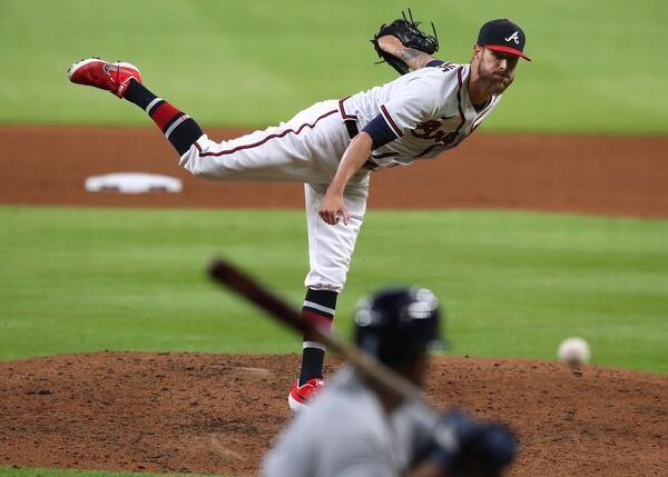 Braves reliever Shane Greene comes in and throws one pitch in the eighth for the out against the Tampa Bay Rays Thursday, July 30, 2020 in Atlanta.   