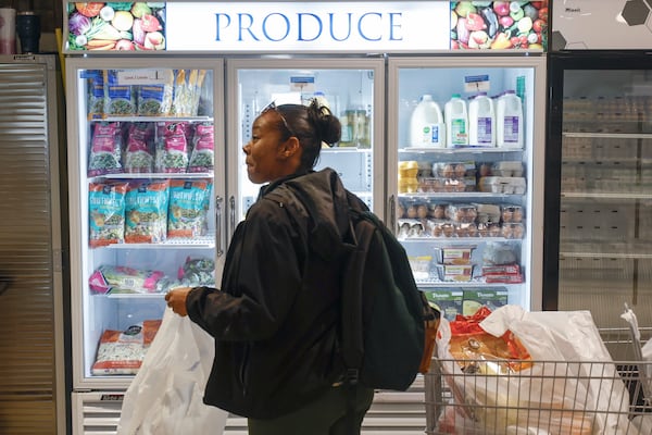 Grocery prices are 3.9% above a year ago. That's far smaller increase than during 2021 and 2022, but food prices are still dramatically higher than pre-pandemic. Here, Alice Sanders shops at the client choice food pantry at St. Vincent de Paul Society in Chamblee on Wednesday, Feb. 28, 2024. The food pantry provides free food to people in need in. (Natrice Miller/ Natrice.miller@ajc.com)