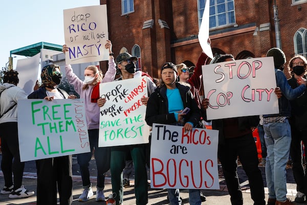 Dozens gather in support of the 61 training center activists being indicted for racketeering at Fulton County Courthouse on Monday, Nov. 6, 2023. (Natrice Miller/ Natrice.miller@ajc.com)