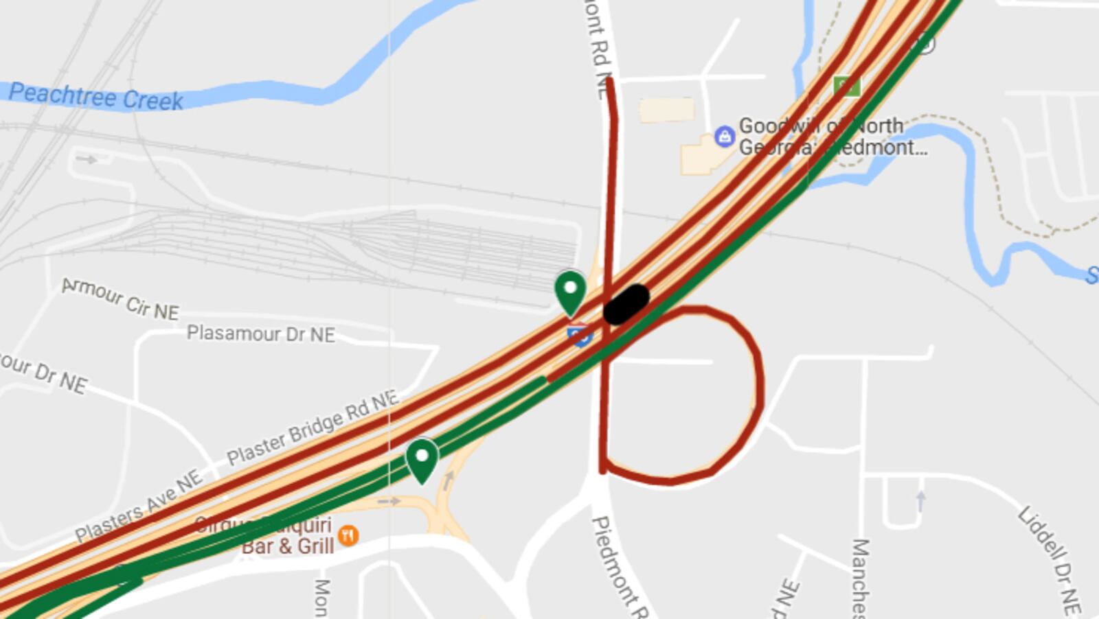 This shows the location of the I-85 bridge collapse and the resulting road closures.