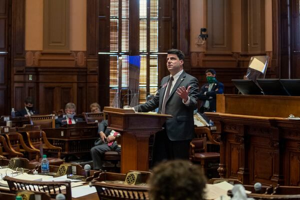 03/05/2021 —Atlanta, Georgia —Judiciary Chairman Rep. Chuck Efstration (R-Dacula) addresses the state House of Representatives on March 5. (Alyssa Pointer / Alyssa.Pointer@ajc.com)