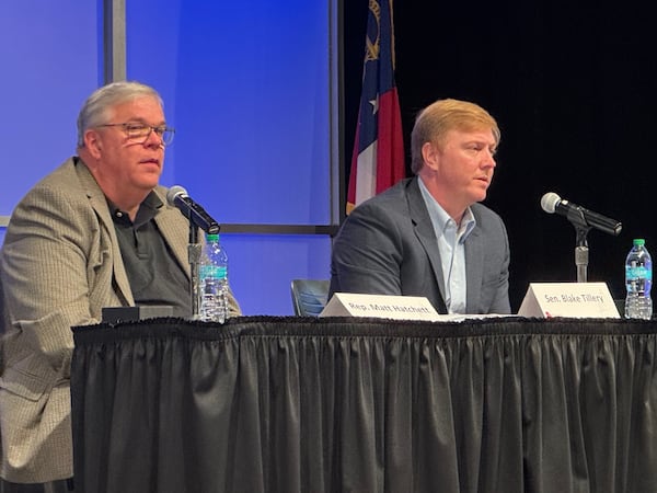 State Rep. Matt Hatchett (left), and state Sen. Blake Tillery speak during the Biennial Institute for Georgia Legislators on Monday.