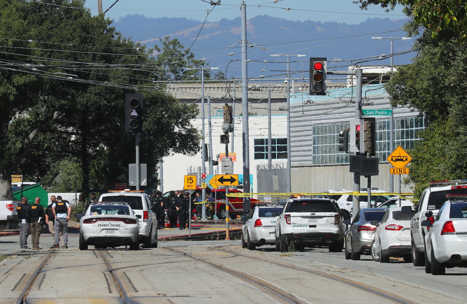 Police at the scene of a shooting at a rail yard in San Jose, Calif., on Wednesday, May 26, 2021. (Jim Wilson/The New York Times)