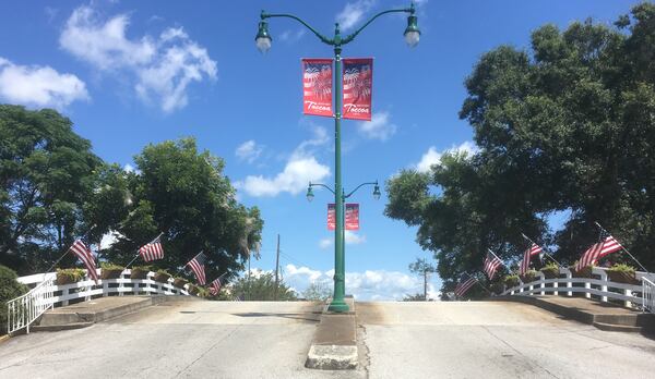 The flag-lined entrance to downtown Toccoa, where crowds are expected to welcome the return of Cpl. Fuller's remains on Thursday morning. Photo: Jennifer Brett