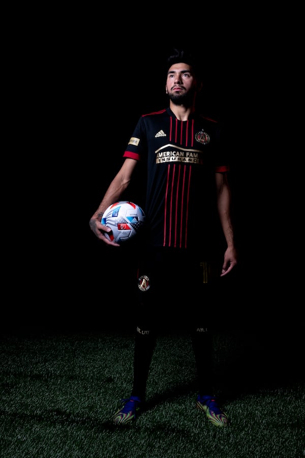 Atlanta United midfielder Marcelino Moreno poses in the new 2021 primary kit at Children's Healthcare of Atlanta Training Ground in Marietta on Thursday January 28, 2021. (Photo by Jacob Gonzalez/Atlanta United)