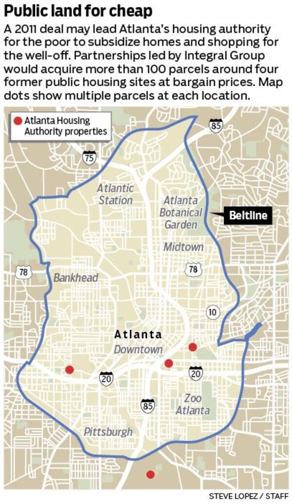 These are the locations of properties subject to an options agreement between the Atlanta Housing Authority and Integral Group. AHA has an internal estimate showing Integral would gain control of the land at a $120 million discount and is seeking to cancel the deal.