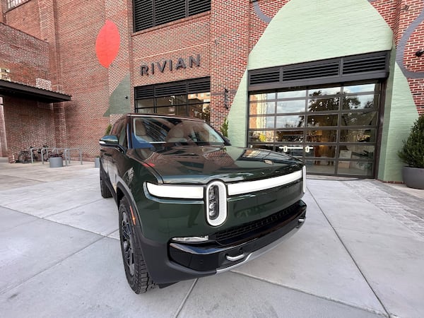 A Rivian R1S sits outside the Rivian store at Ponce City Market in Atlanta on Oct. 19, 2023. (J. Scott Trubey/AJC)