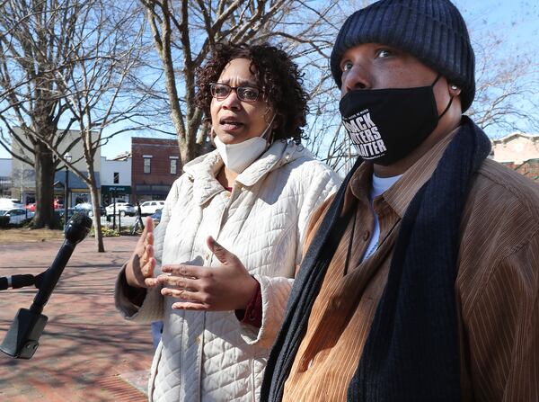 020221 Marietta: Gerald Rose (right) Founder/CEO New Order National Human Rights Organization and member Kymberly Hartfield hold a press conference about bridging the gap with police after meeting with Cobb County police on Tuesday, Feb.2, 2021, in Marietta. The meeting follows the controversy surrounding the Vincent Truitt case. Truitt, 17, was shot twice in the back July 13, 2020, after exiting a stolen car following a chase on Riverside Parkway near Austell.     Curtis Compton / Curtis.Compton@ajc.com”