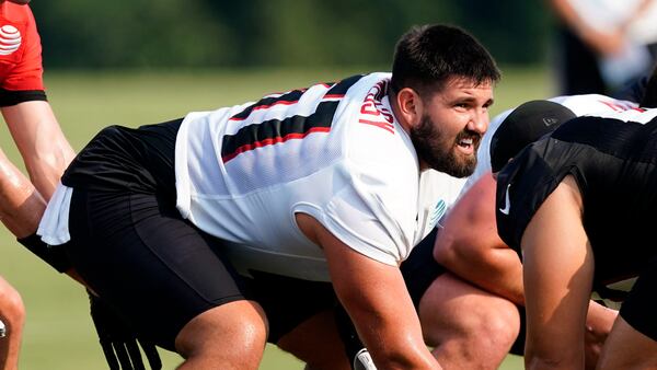 Atlanta Falcons center Matt Hennessy (61) is shown during their NFL training camp football practice Saturday, July 31, 2021, in Flowery Branch. (John Bazemore/AP)