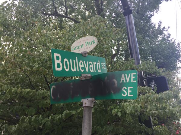 The intersection of Boulevard and Confederate avenues Wednesday. The street name was blacked out.