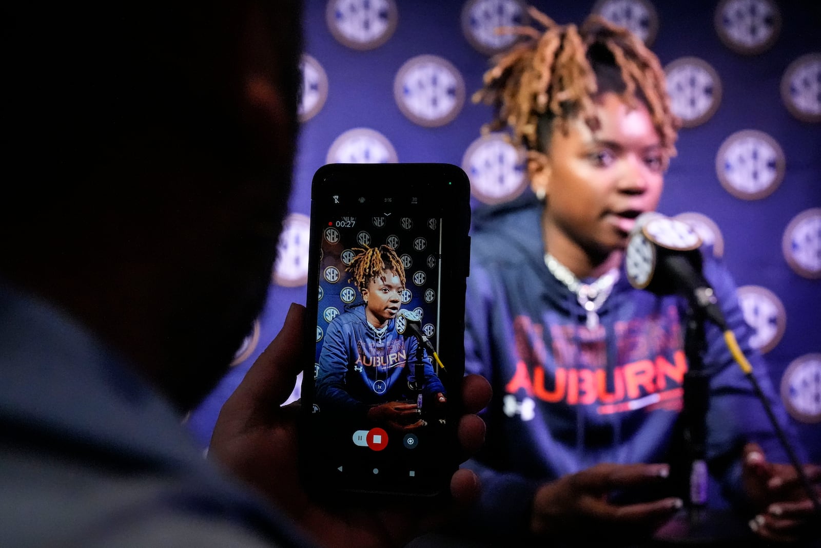 Auburn's NCAA college basketball player DeYona Gaston speaks during Southeastern Conference Media Day, Wednesday, Oct. 16, 2024, in Birmingham, Ala. (AP Photo/Mike Stewart)