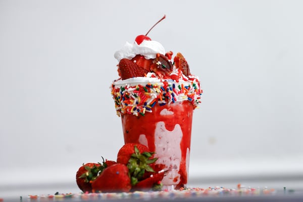 The Vegan Strawberry Milkshake is a popular dessert at Gregory’s Atlanta Vegan Breakfast. (Natrice Miller / natrice.miller@ajc.com)