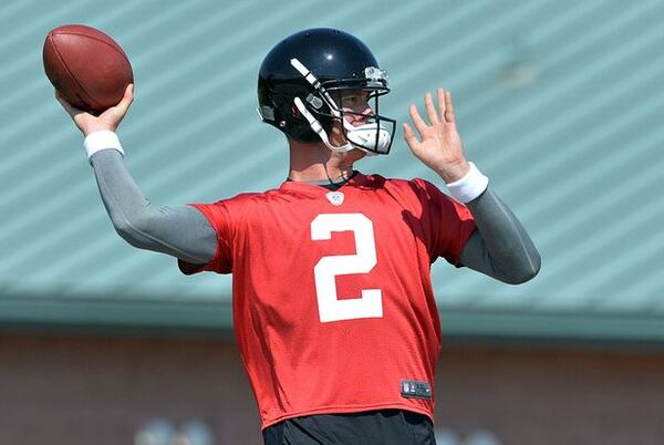 Falcons quarterback Matt Ryan throwing a pass at OTAs on Wednesday. (By Kent Johnson/KJohnson@ajc.com)