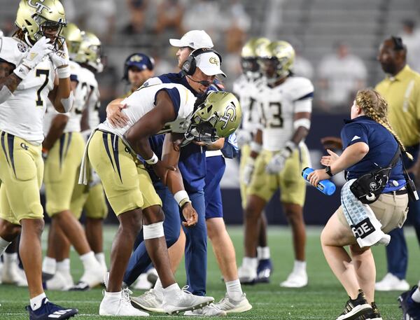 Georgia Tech quarterback Jeff Sims (10) walks off the field with an injury during the first half Saturday, Sept. 4, 2021, against Northern Illinois at Bobby Dodd Stadium in Atlanta. (Hyosub Shin / Hyosub.Shin@ajc.com)