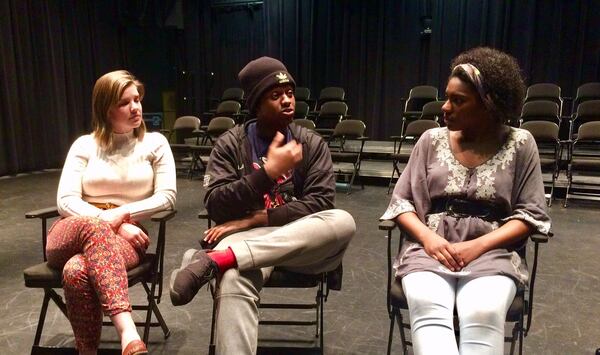 Alyssa Egelhoff, from left, Brandel Butler and L’Oréal Roaché discuss their parts in the Kennesaw State University production of Shakespeare’s “As You Like It.” (Photo by Bill Torpy)