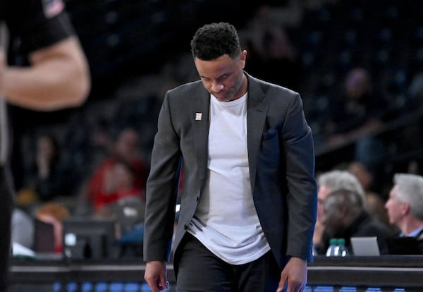 Georgia Tech head coach Damon Stoudamire reacts during the second half of an NCAA college basketball game in the first round of the NIT, at Georgia Tech’s McCamish Pavilion, Tuesday, March 18, 2025, in Atlanta. Jacksonville State won 81-64 over Georgia Tech. (Hyosub Shin / AJC)