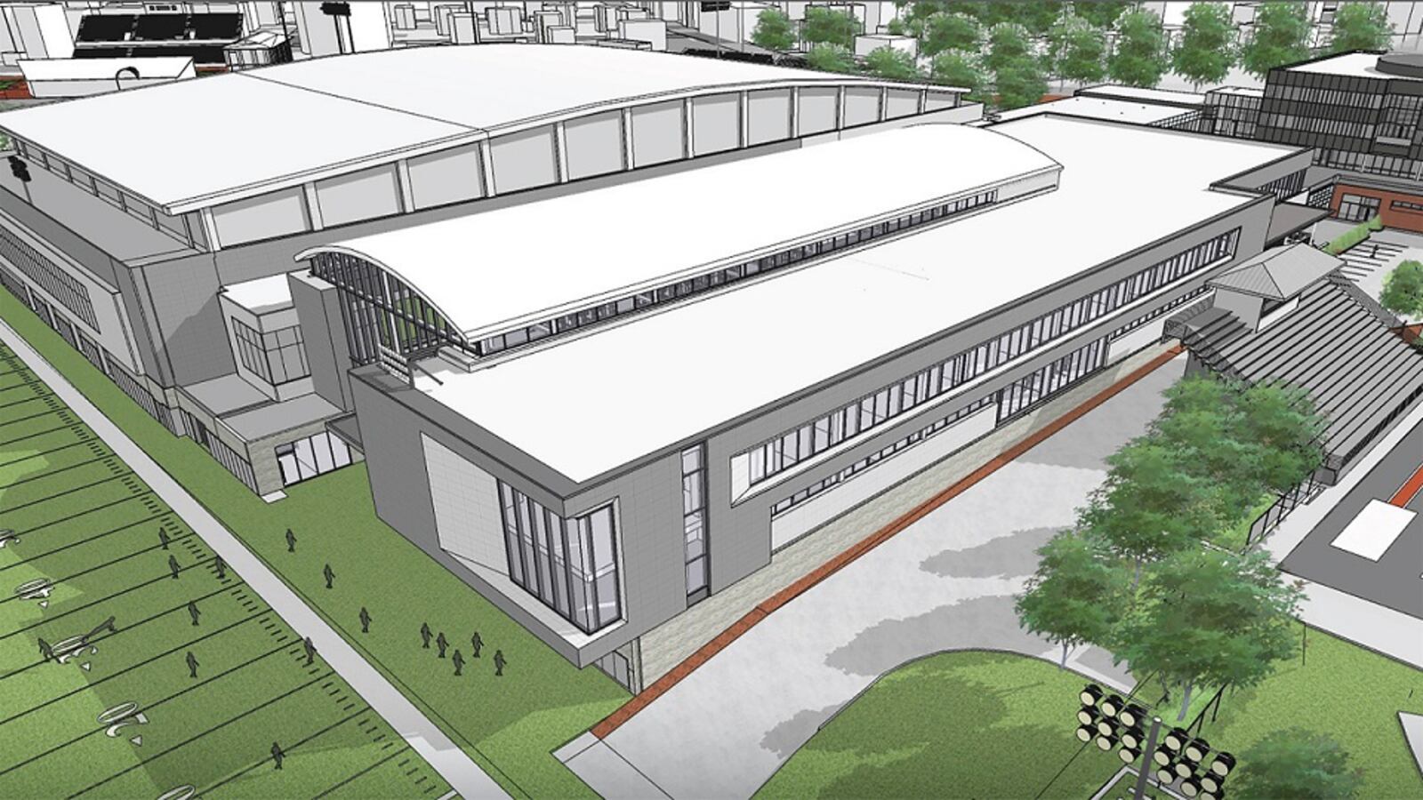 A rendering of an aerial view of the planned football -operations building at the University of Georgia. The plans for the building were announced at an athletic association board meeting Sept. 6, 2019. The building is planned for an area beside the track complex, the football indoor practice facility and the Butts-Mehre Heritage Hall.