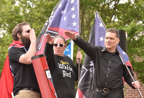 The National Socialist Movement held a rally at Greenville Street Park in downtown Newnan on Saturday, April 21, 2018. HYOSUB SHIN / HSHIN@AJC.COM