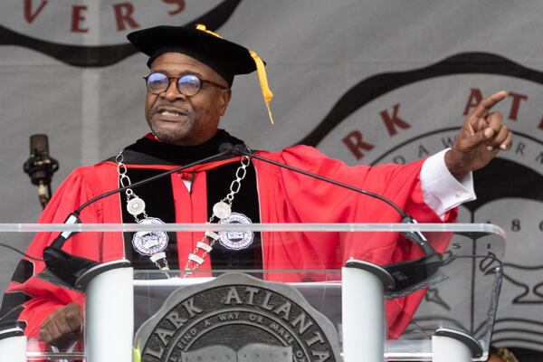 Clark Atlanta University President George T. French Jr. speaks at the commencement ceremony in Panther Stadium on Saturday, May 20, 2023. (Steve Schaefer / steve.schaefer@ajc.com)