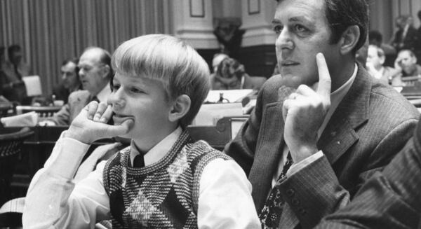 Joe Frank Harris Jr. with his dad, then State Rep. Joe Frank Harris, at the Georgia Capitol in 1974. Photo: AJC Archive at GSU Library