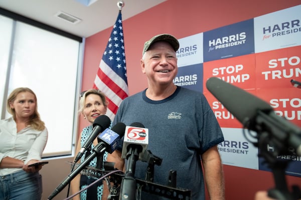 Minnesota Gov. Tim Walz is shown at a July campaign event in St. Paul, Minn., for Vice President Kamala Harris.