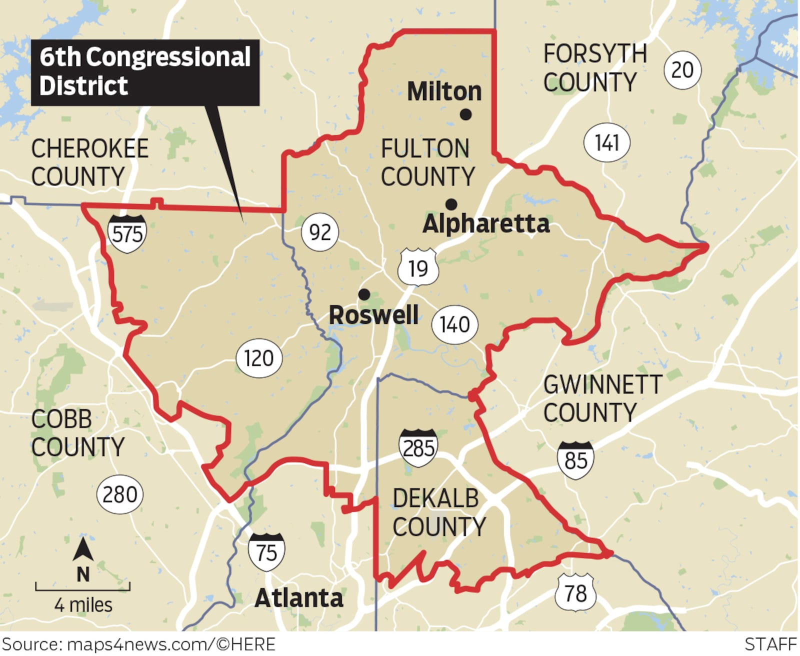 Georgia's 6th congressional district in metro Atlanta includes part of Cobb County, north Fulton County and DeKalb County. 