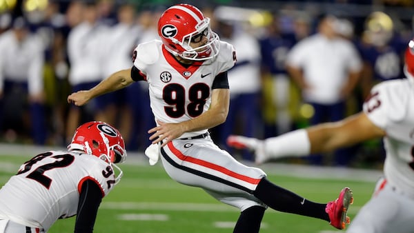 Georgia's Rodrigo Blankenship kicks the field goal that made the difference in Georgia's 20-19 victory over Notre Dame Saturday. (AP Photo/Michael Conroy)