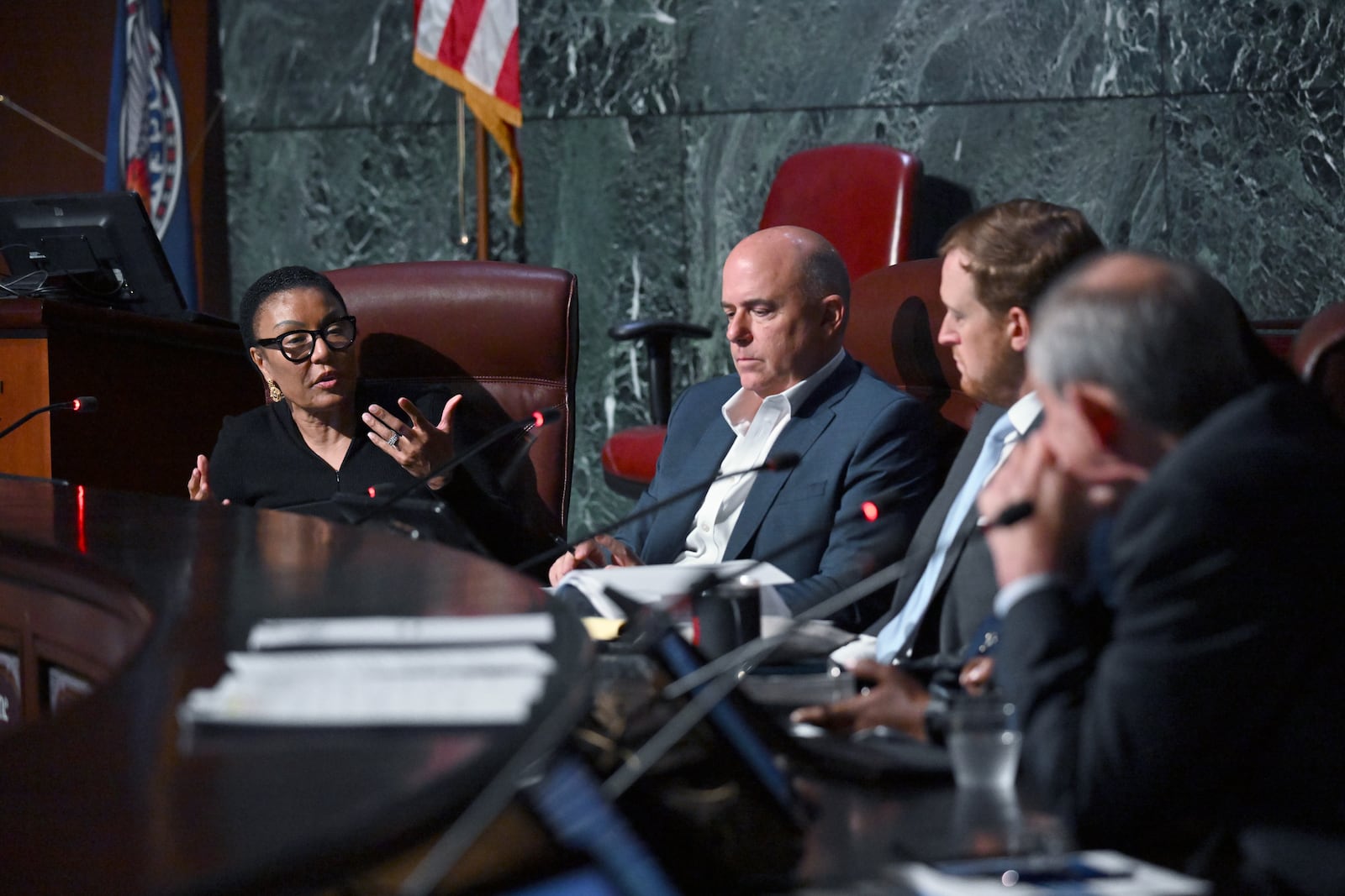 Task force chairperson Leah Ward Sears (left), confers with colleagues at Atlanta City Hall, Tuesday, September 24, 2024, in Atlanta. The meeting was the first for the task force established to review the procedures of the Office of the Inspector General and Ethics Office. (Hyosub Shin / AJC)