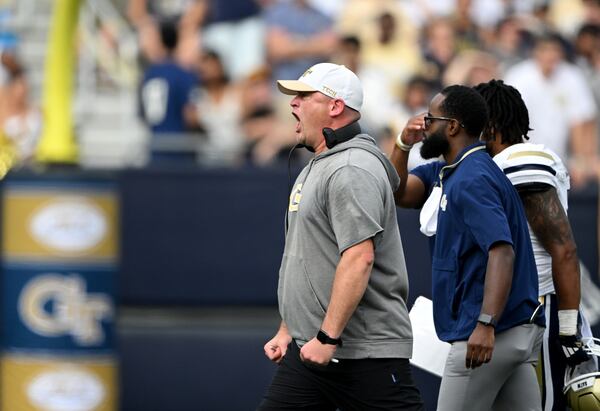 Georgia Tech coach Brent Key shouts instructions during the second half Saturday against Miami at Bobby Dodd Stadium in Atlanta. Hyosub Shin/AJC