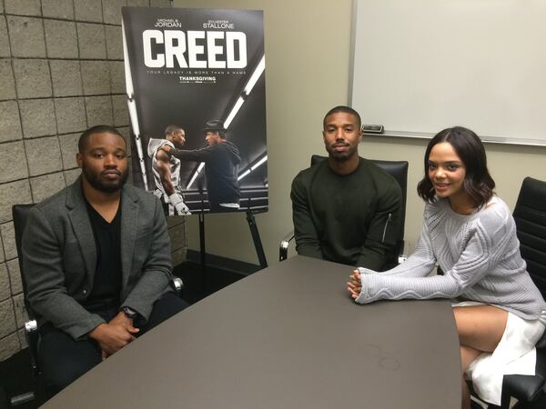 If you haven't seen "Creed" yet, go! “Creed” writer/director Ryan Coogler, from left, Michael B. Jordan and Tessa Thompson, visited Atlanta recently. Photo: Jennifer Brett